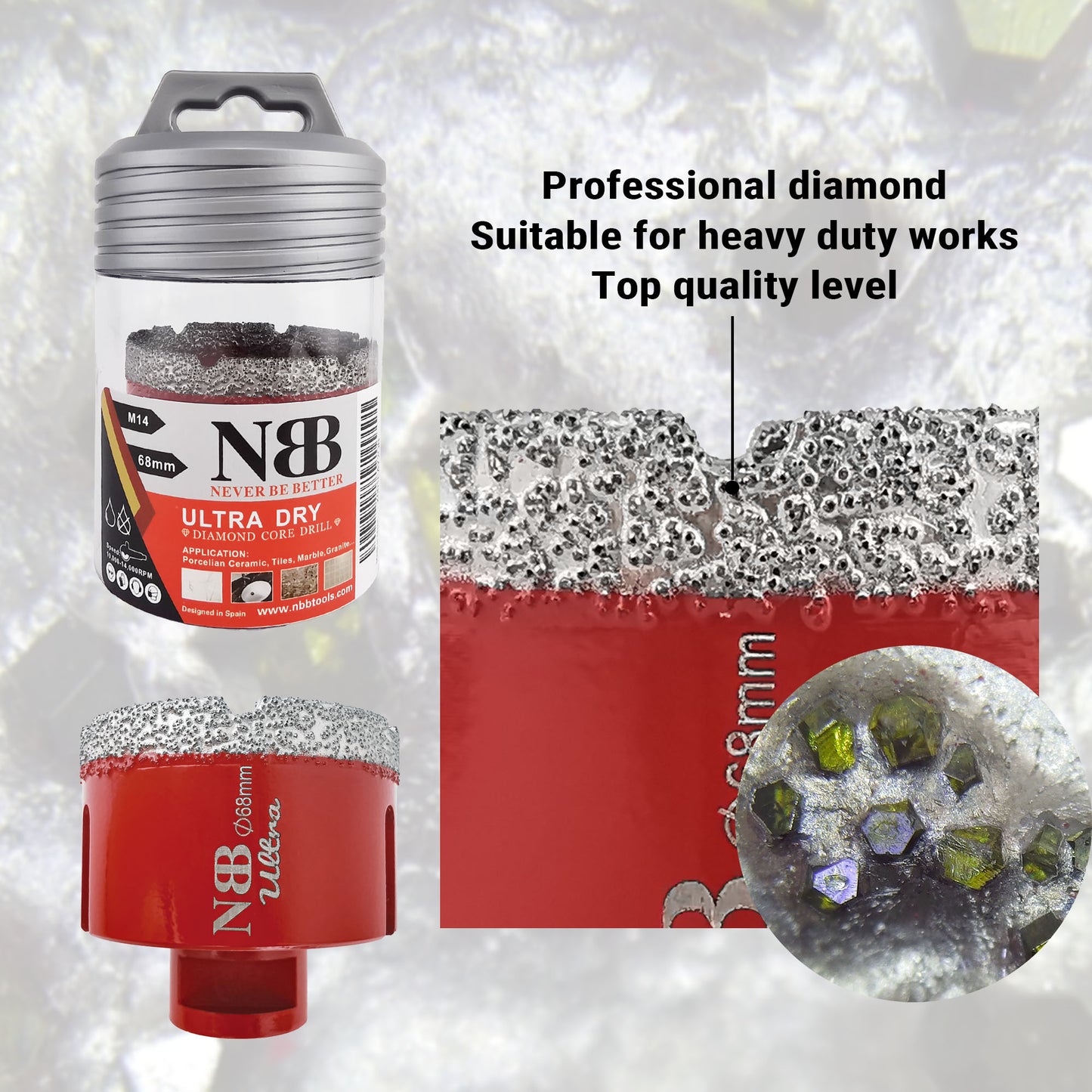 NBB Broca de diamante ultra calidad con M14, corona diamante para taladrar en seco y en húmedo en porcelana dura, cerámica, baldosas, granito, mármol, azulejo, para Amoladora Angular