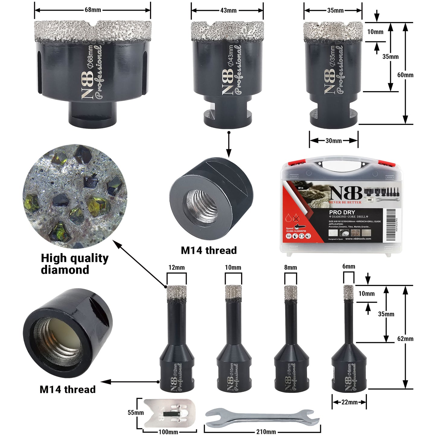 NBB Broca de diamante soldada al vacío con M14, para taladrar en seco y en húmedo profesionalmente en porcelana dura, cerámica, baldosas, granito, mármol, rápida, para Amoladora Angular(PRO EAVBDDBM)