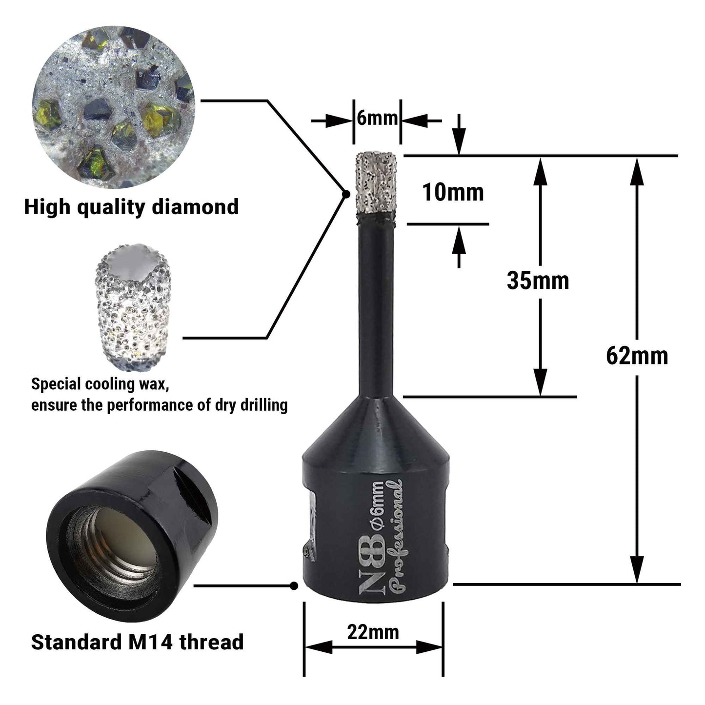 NBB Broca de diamante con M14, corona diamante para taladrar en seco y en húmedo profesionalmente en porcelana,cerámica,baldosas,granito,mármol,azulejo,para Amoladora Angular(4pcs +1pc Adaptador)