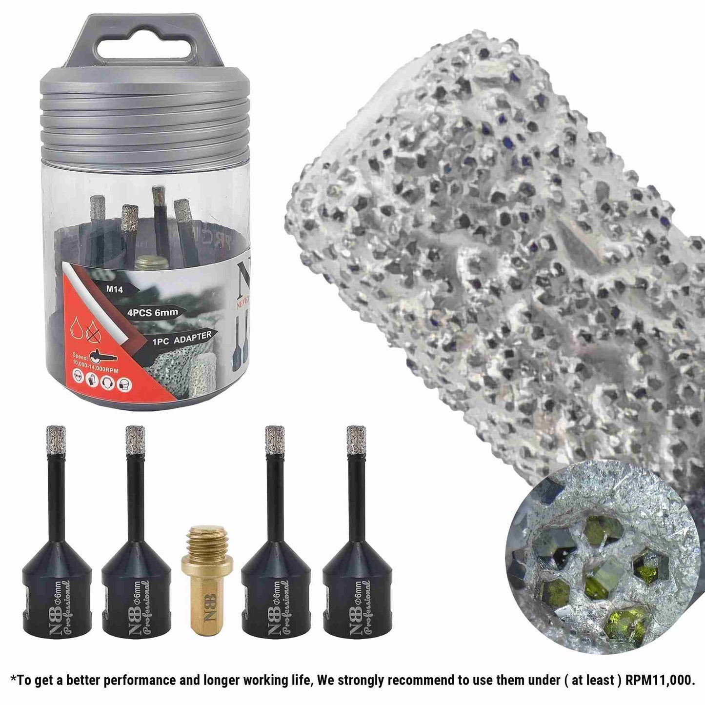 NBB Broca de diamante con M14, corona diamante para taladrar en seco y en húmedo profesionalmente en porcelana,cerámica,baldosas,granito,mármol,azulejo,para Amoladora Angular(4pcs +1pc Adaptador)