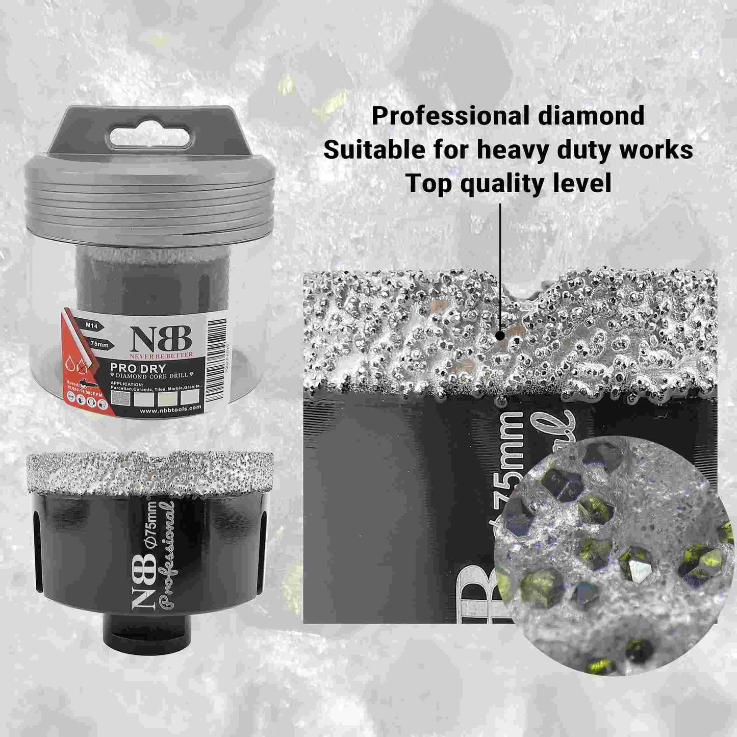 NBB Broca de diamante soldada al vacío con M14, para taladrar en seco y en húmedo profesionalmente en porcelana dura, cerámica, baldosas, granito, mármol, rápida, para Amoladora Angular(PRO EAVBDDBM)