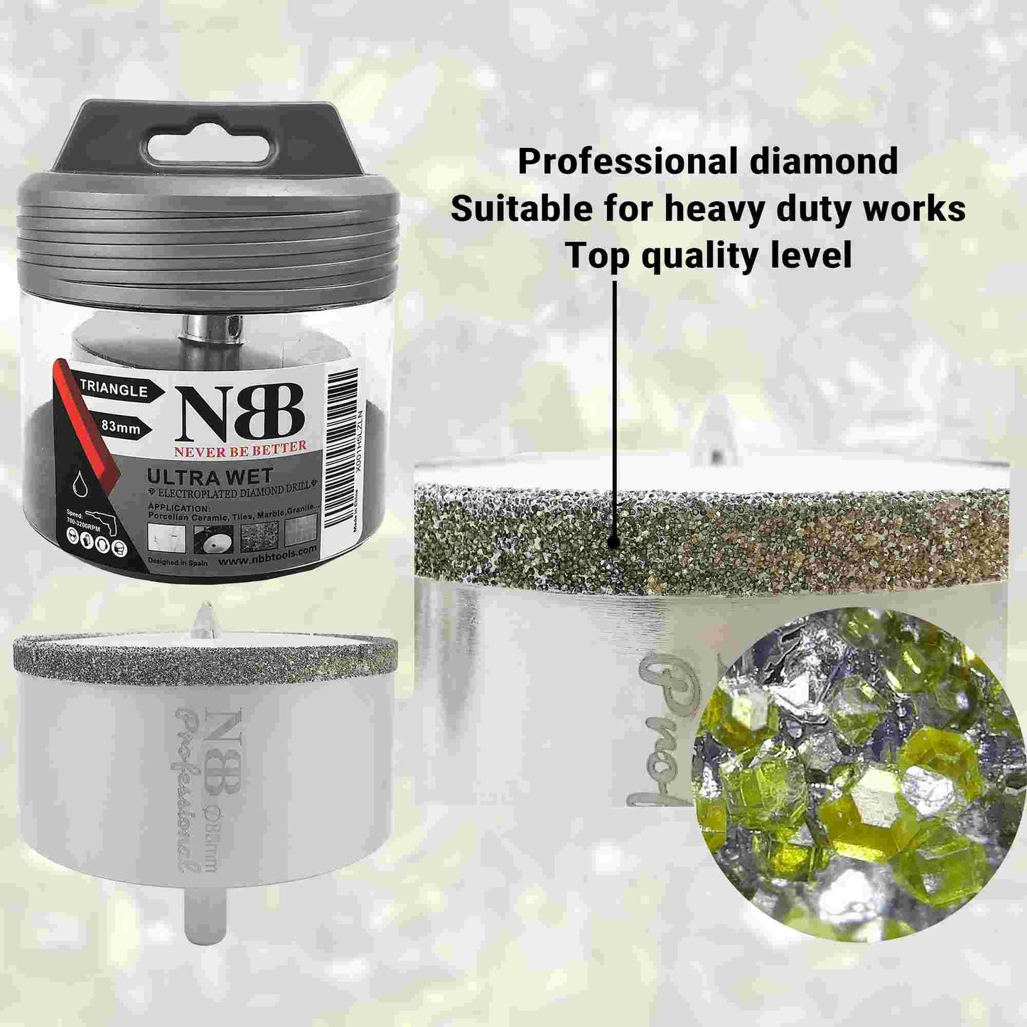 NBB Brocas de diamante con vástago triangular, corona diamante, taladrar en húmedo en mármol, piedra lujo, cerámica, granito, azulejo, vidrio, tec. galvanizada, en taladros de cable o sin cable