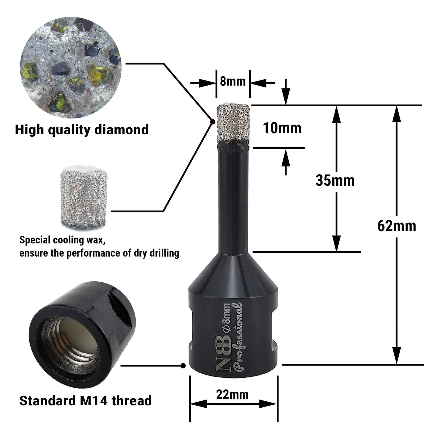 NBB Broca de diamante con M14, corona diamante para taladrar en seco y en húmedo profesionalmente en porcelana,cerámica,baldosas,granito,mármol,azulejo,para Amoladora Angular(4pcs +1pc Adaptador)