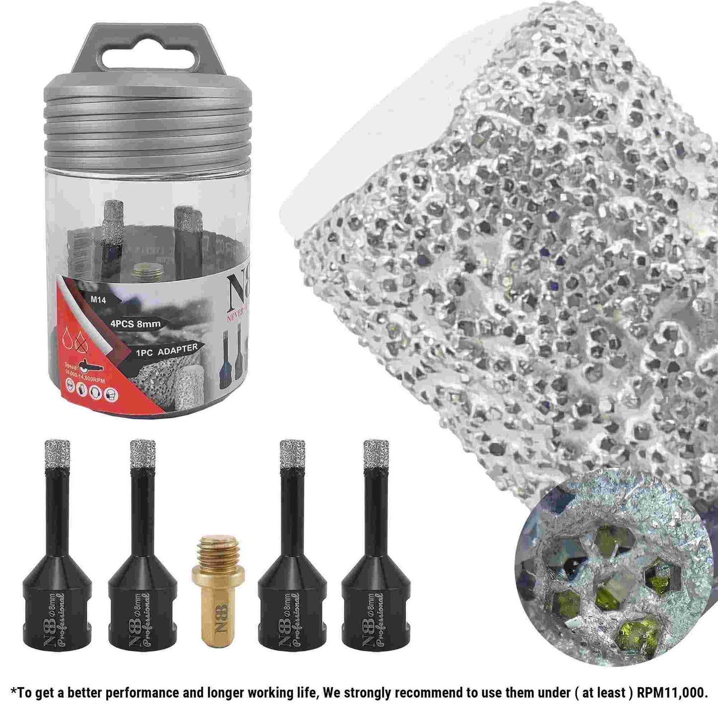 NBB Broca de diamante con M14, corona diamante para taladrar en seco y en húmedo profesionalmente en porcelana,cerámica,baldosas,granito,mármol,azulejo,para Amoladora Angular(4pcs +1pc Adaptador)