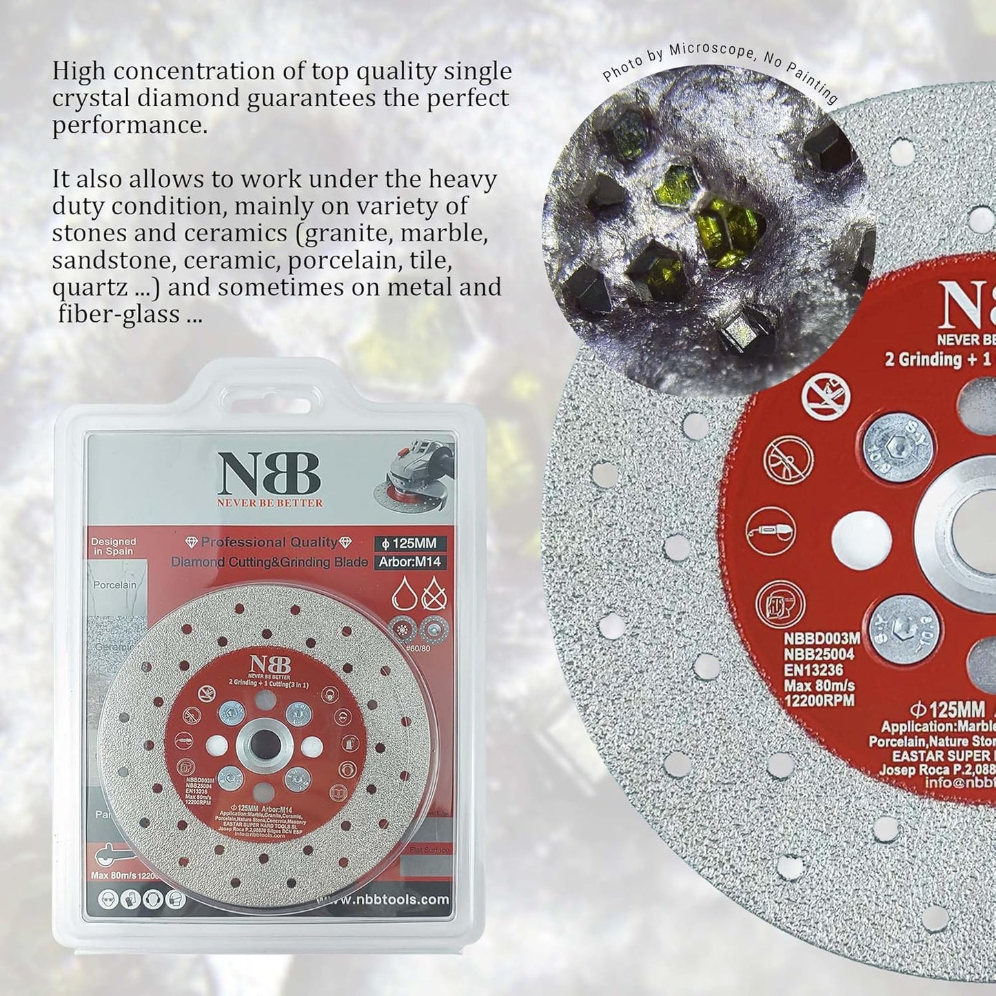 NBB Disco de diamante soldado sierra de diamante corte y rectificado 3 en 1 molienda y corte en granito mármol azulejos cerámica porcelana piedra Metal Vidrio seco M14 para amoladora angular (Medio)