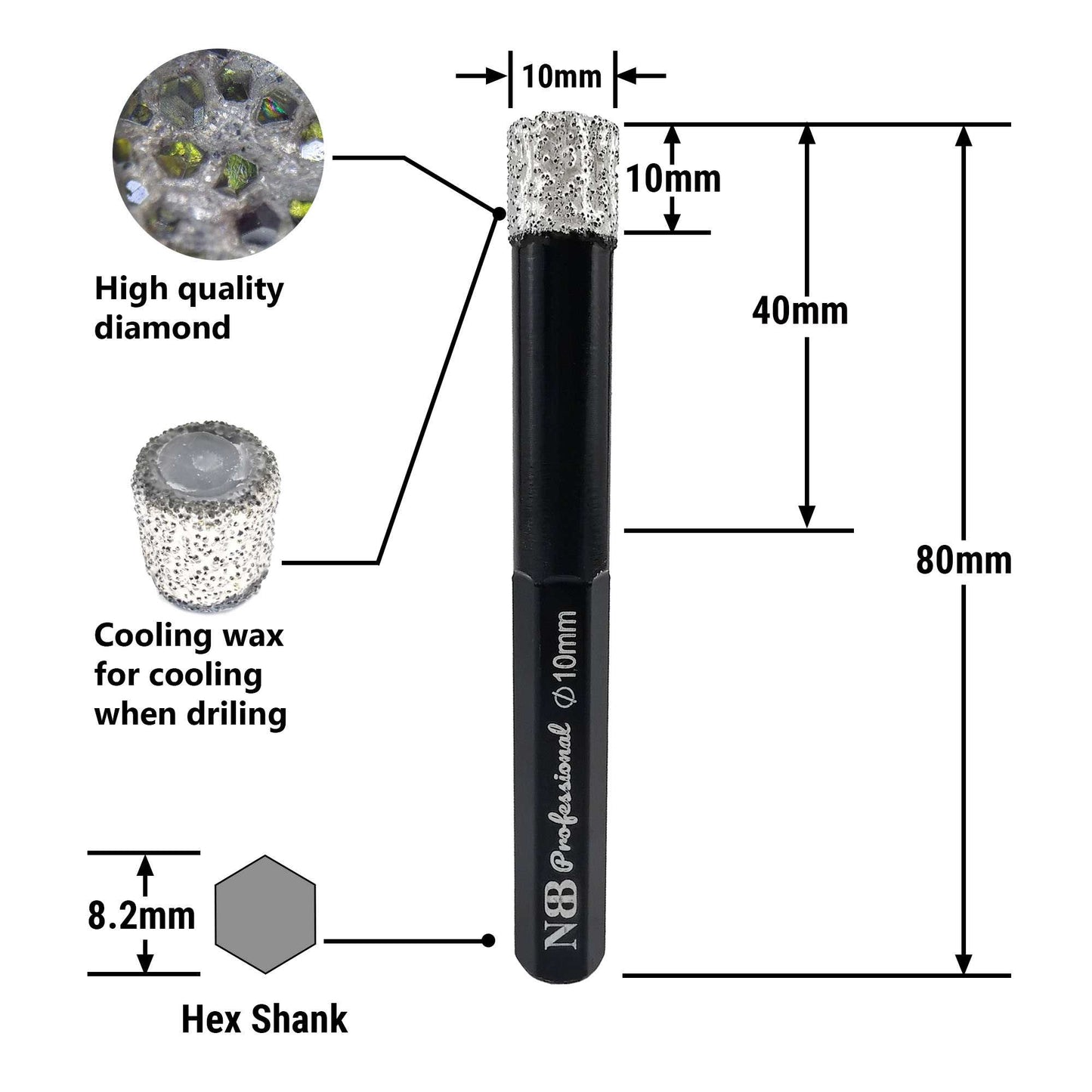 NBB Brocas de diamante con vástago hexagonal,corona diamante para taladrar en seco en porcelana, cerámica, baldosas, granito, azulejo, meyor en húmedo, en taladros de cable o sin cable (2pcs)