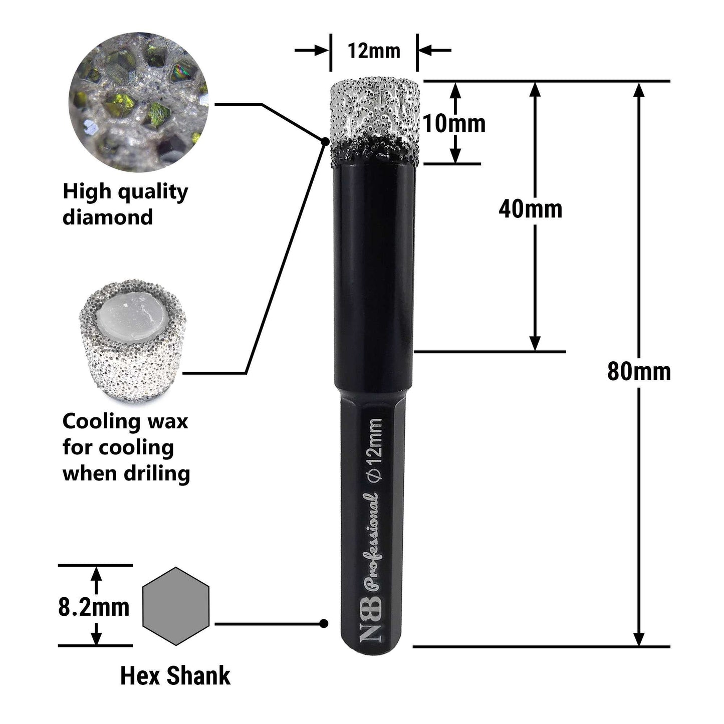 NBB Brocas de diamante con vástago hexagonal,corona diamante para taladrar en seco en porcelana, cerámica, baldosas, granito, azulejo, meyor en húmedo, en taladros de cable o sin cable (2pcs)