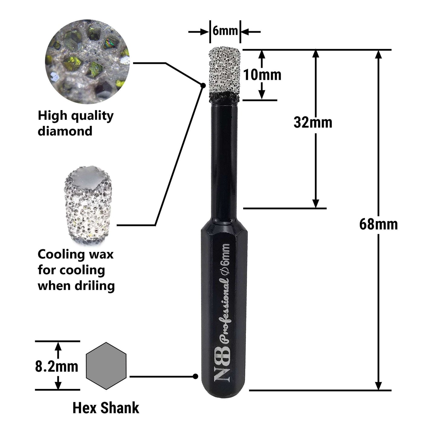 NBB Brocas de diamante con vástago hexagonal,corona diamante para taladrar en seco en porcelana, cerámica, baldosas, granito, azulejo, meyor en húmedo, en taladros de cable o sin cable (2pcs)