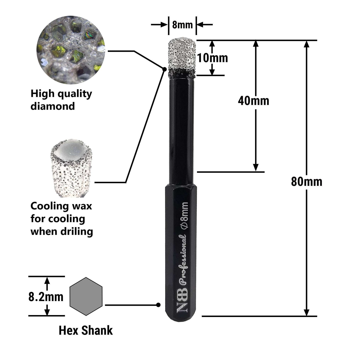NBB Brocas de diamante con vástago hexagonal,corona diamante para taladrar en seco en porcelana, cerámica, baldosas, granito, azulejo, meyor en húmedo, en taladros de cable o sin cable (2pcs)