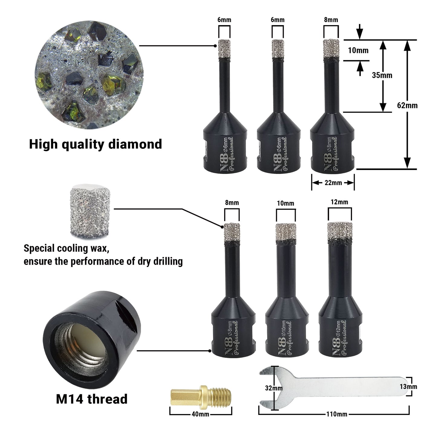 NBB Broca de diamante soldada al vacío con M14, para taladrar en seco y en húmedo profesionalmente en porcelana dura, cerámica, baldosas, granito, mármol, rápida, para Amoladora Angular(PRO EAVBDDBM)