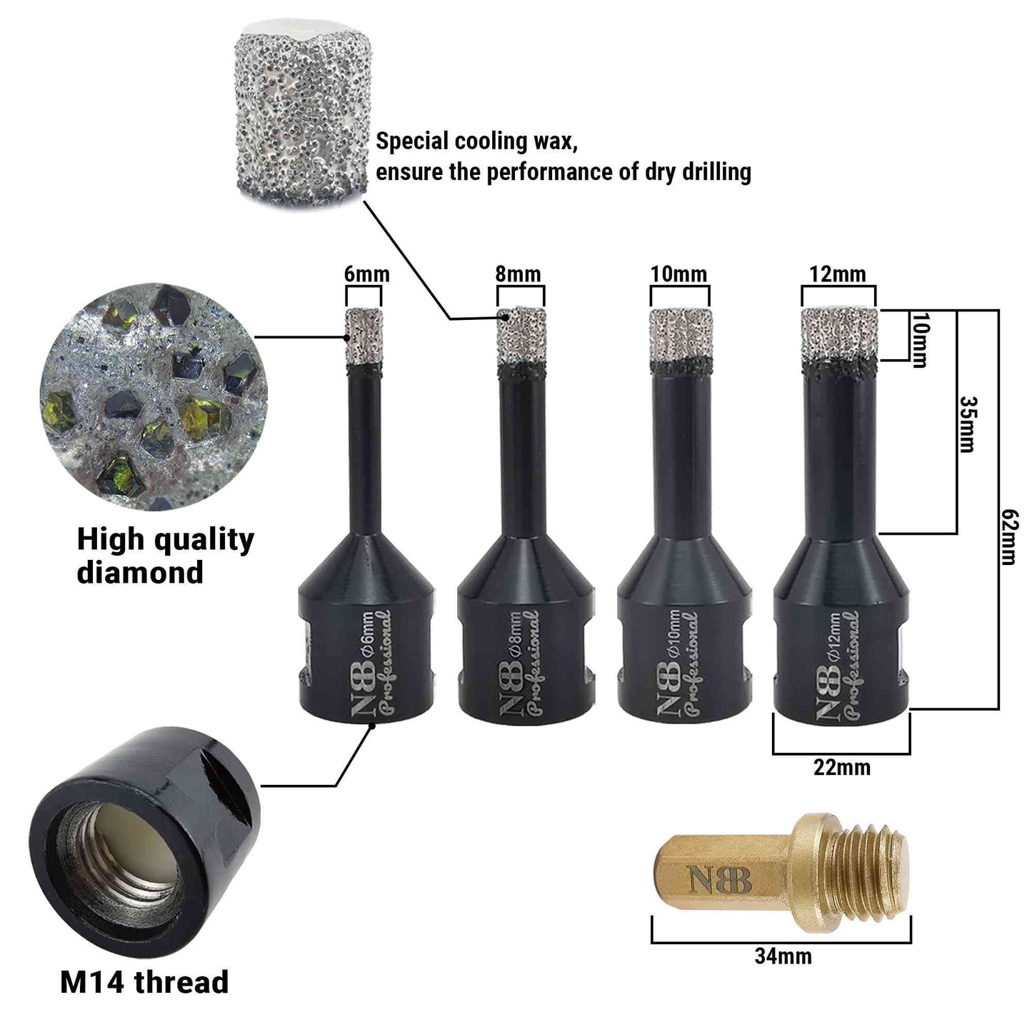 NBB Broca de diamante con M14, corona diamante para taladrar en seco y en húmedo profesionalmente en porcelana,cerámica,baldosas,granito,mármol,azulejo,para Amoladora Angular(4pcs +1pc Adaptador)