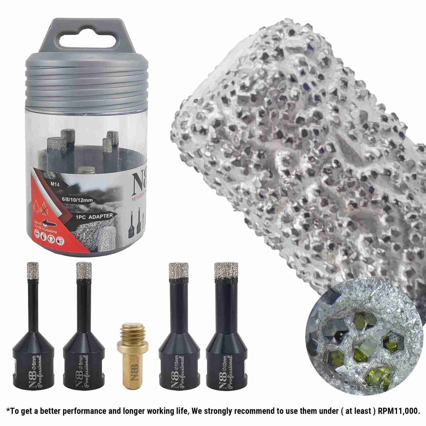 NBB Broca de diamante con M14, corona diamante para taladrar en seco y en húmedo profesionalmente en porcelana,cerámica,baldosas,granito,mármol,azulejo,para Amoladora Angular(4pcs +1pc Adaptador)