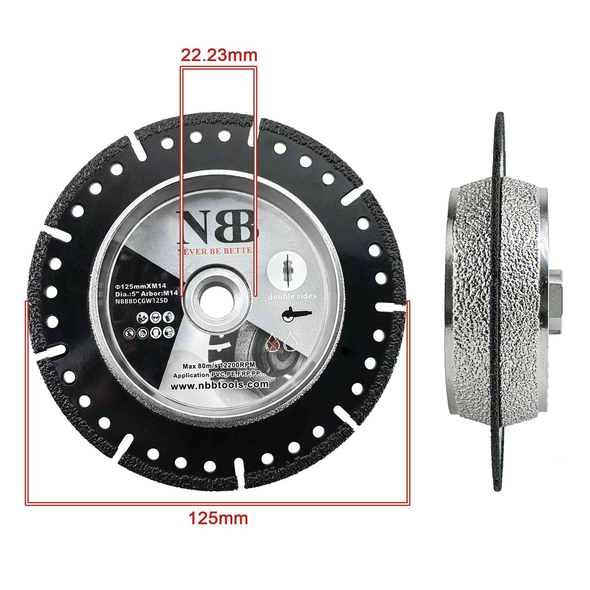 NBB Disco de corte y desbaste de diamante, multiusos, profesional para cortar y desbastar tubos de plástico en un solo movimiento, eje 22.23 mm, para amoladora angular de 125 mm