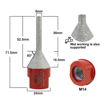 NBB Broca de fresado de dedo diamante con M14 Fresa cónica de diamante broca de chaflán para ampliar biselar agujeros baldosas azulejos cerámica porcelana granito mármol en seco