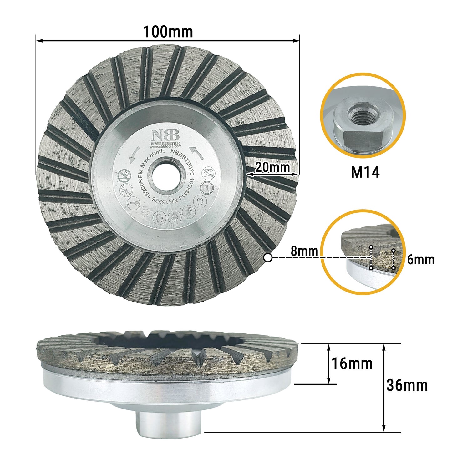 NBB Muela copa diamante Disco molienda Turbo cortador de soldadura de alta frecuencia base de aluminio con M14 Rectificado seco o húmedo en granito mármol cerámica azulejos porcelana piedra(1,100mm)