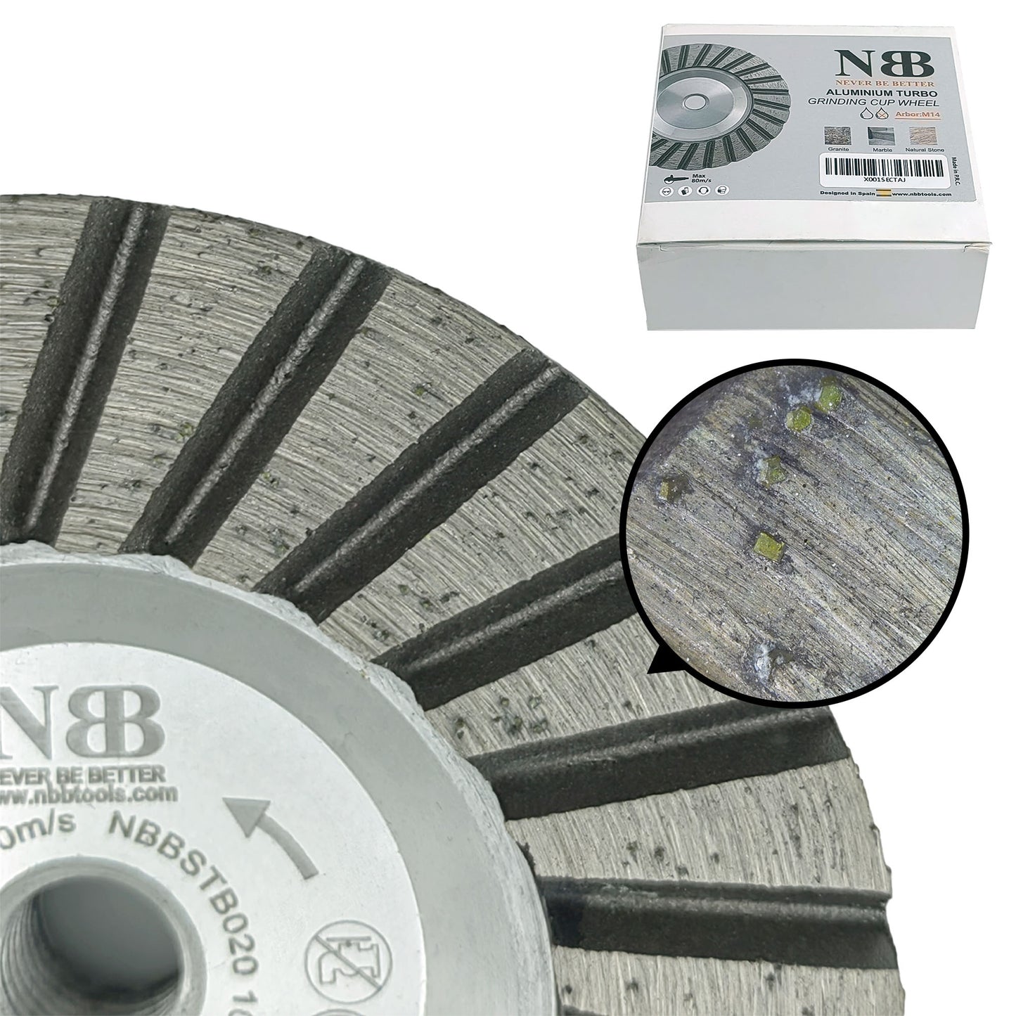 NBB Muela copa diamante Disco molienda Turbo cortador de soldadura de alta frecuencia base de aluminio con M14 Rectificado seco o húmedo en granito mármol cerámica azulejos porcelana piedra(1,100mm)