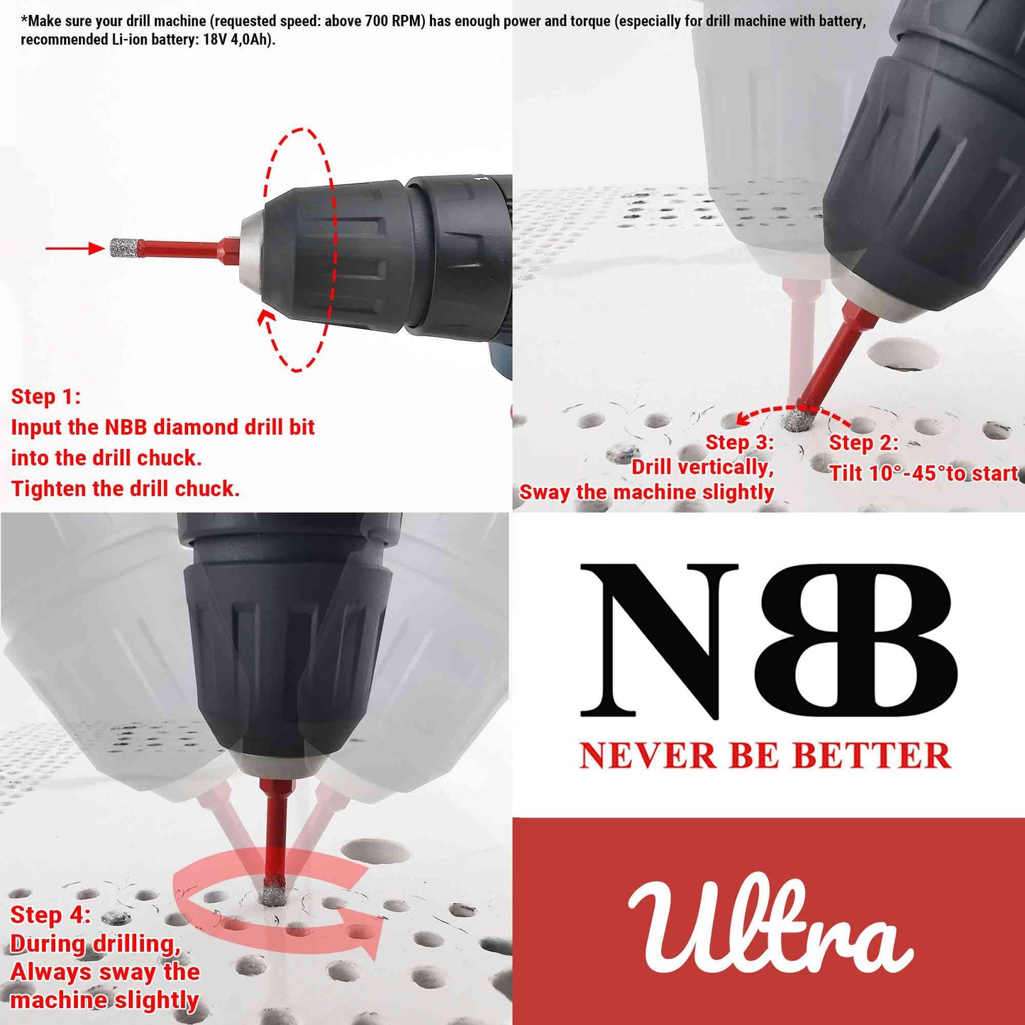 NBB Brocas de diamante calidad ULTRA con vástago hexagonal,corona diamante para taladrar en porcelana, cerámica, baldosas, granito, azulejo, seco/húmedo, en taladros de cable o sin cable