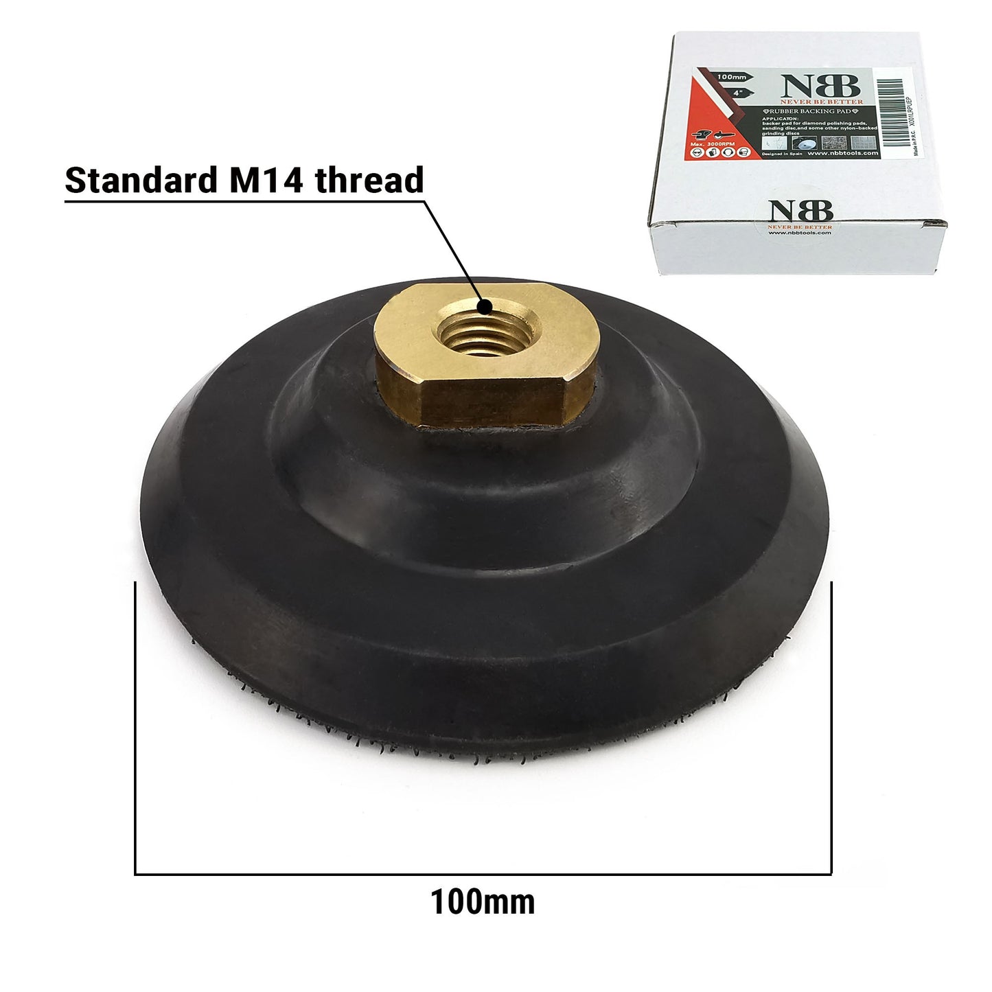 NBB Almohadillas de soporte de gancho y bucle almohadillas traseras respaldo de goma dia.100mm /4"con conexión de cobre completa en rosca M14 caucho flexible de dureza media con respaldo de gancho